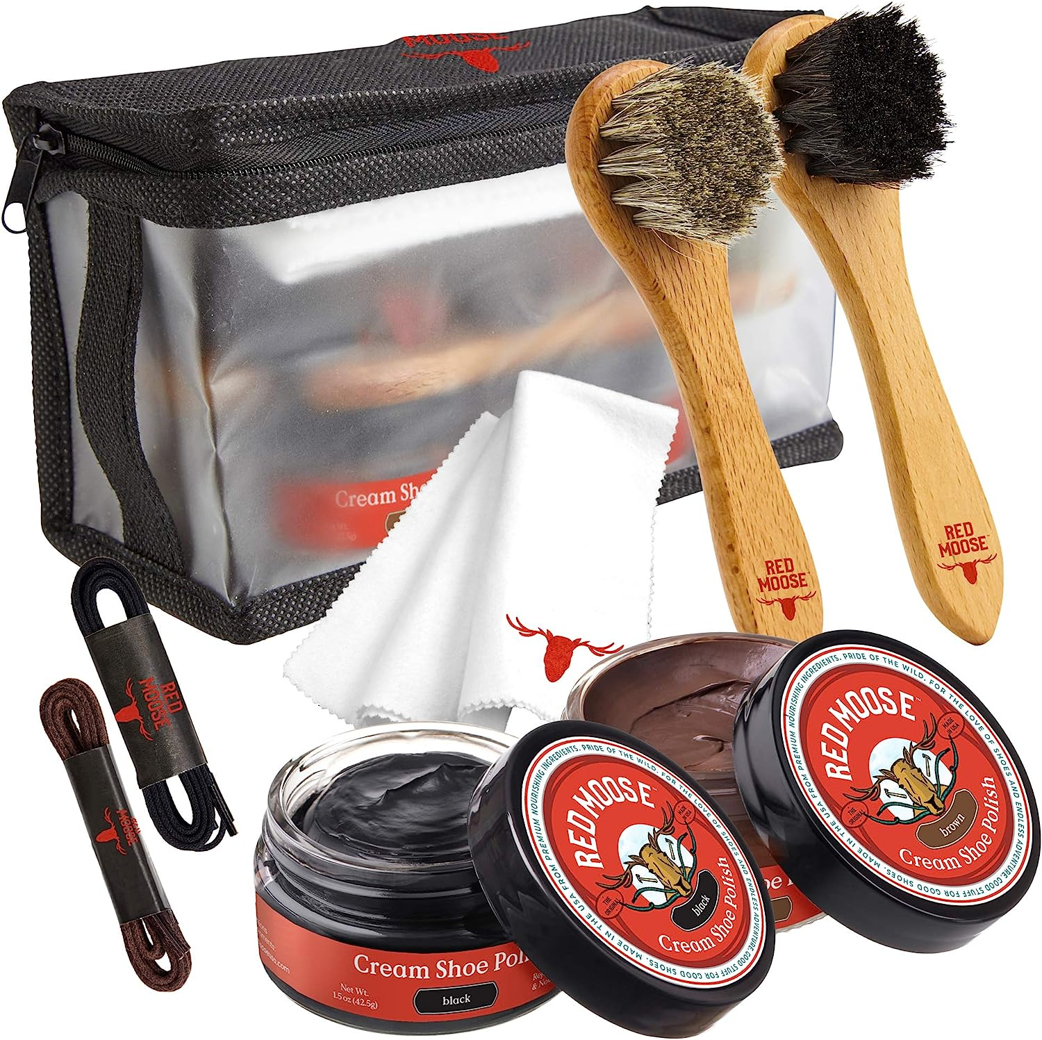 Full Leather?Wax?Shoe Polish Kit 2x Brush Buffing Cloth Travel Case Laces?Red